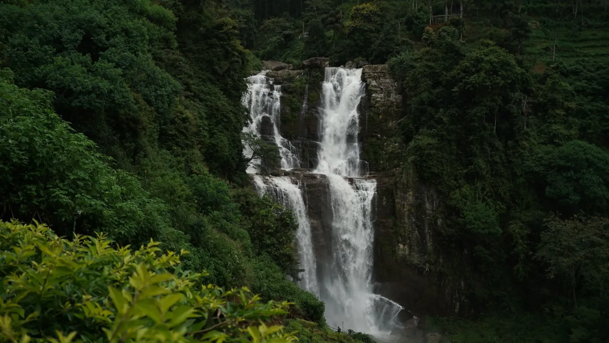 Ramboda Lower Falls: The wide, powerful lower tier as seen from the deck of the Ramboda Falls Hotel.